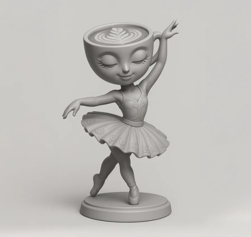 A sculpted, statuesque rendering of Ballerina Cappuccina mid-pirouette, showing the full cup-and-tutu character design